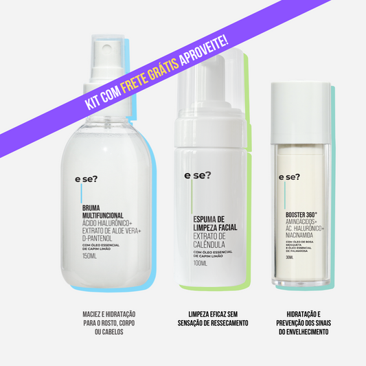 Kit skincare essencial - Limpa, tonifica e hidrata - Espuma de limpeza facial + Bruma Multifuncional + Booster 360