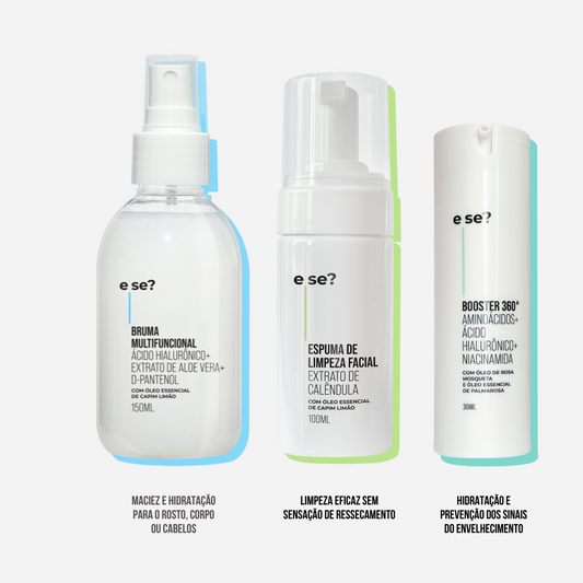 Kit skincare essencial - Limpa, tonifica e hidrata - Espuma de limpeza facial + Bruma Multifuncional + Booster 360