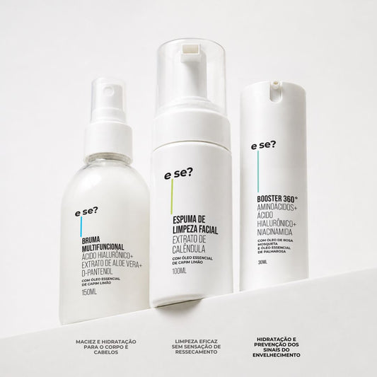 Kit skincare essencial - Limpa, tonifica e hidrata - Espuma de limpeza facial + Bruma Multifuncional + Booster 360